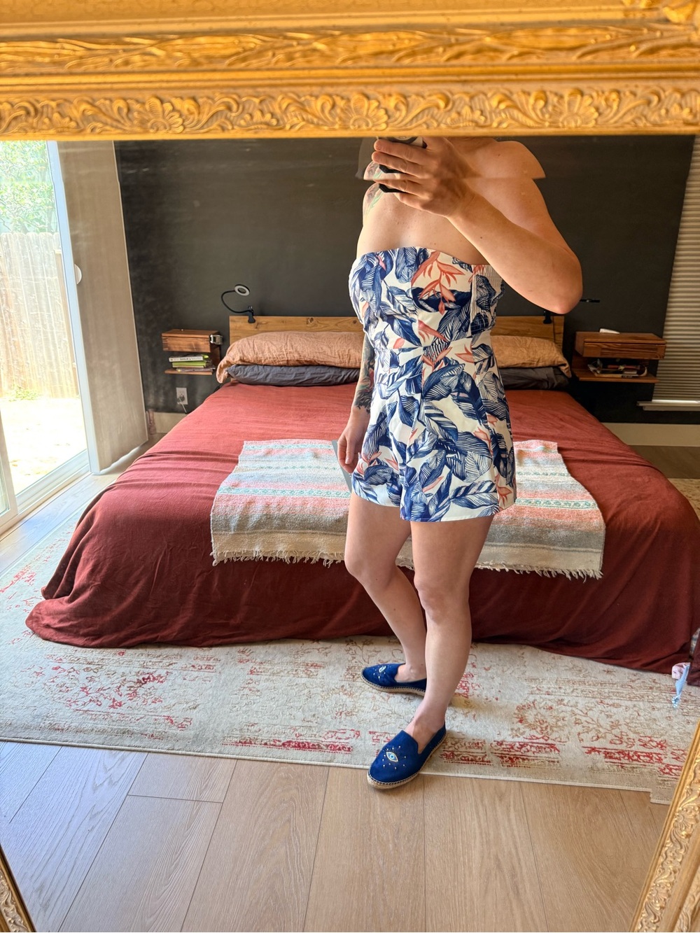 L'ATISTE Strapless Tropical Print Romper in Blue & White